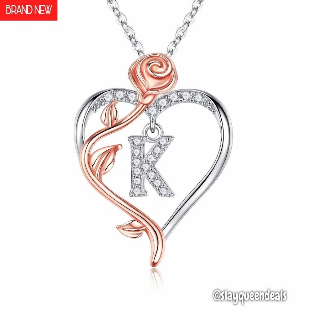 925 Sterling Silver Rose Heart Initial Necklace, 18+2 Inch Chain, Cubic Zirconia